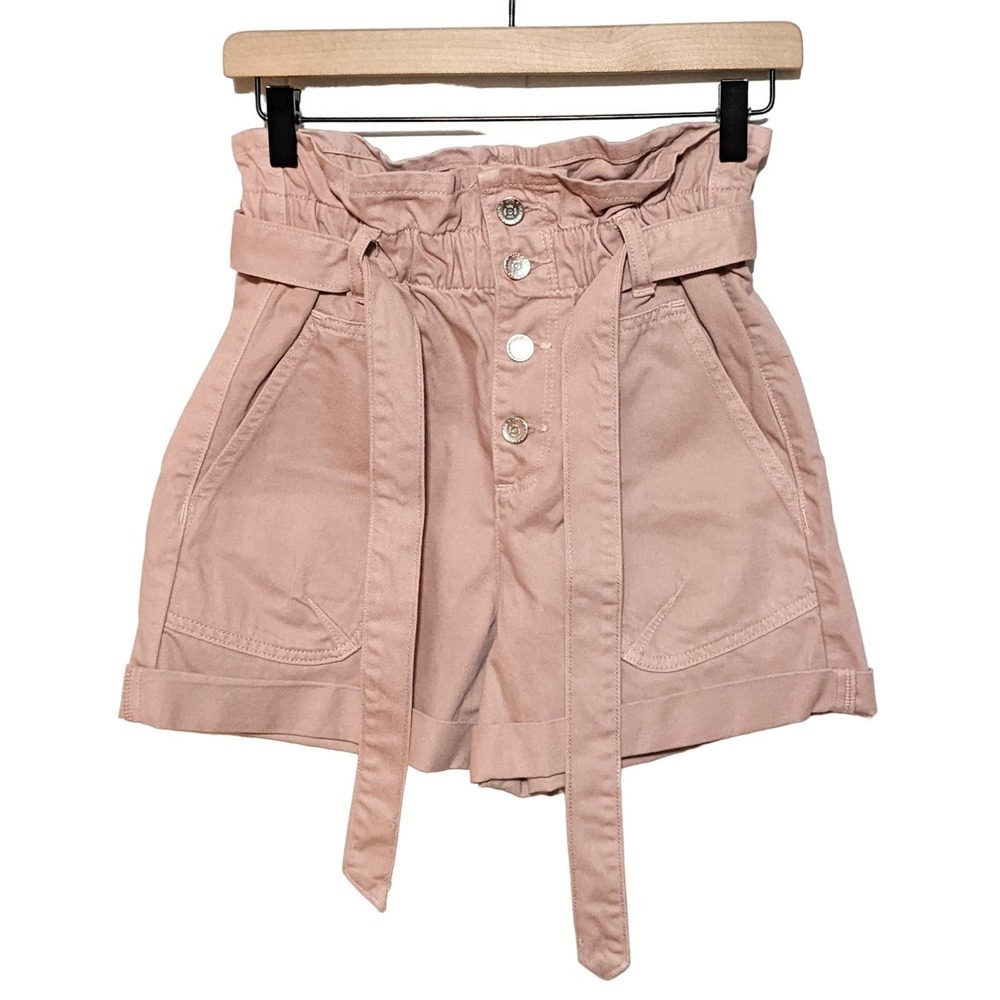 Zara Womens High Waist Baggy Paperbag Bermuda Denim Jean Shorts Size 2 Pink Belt